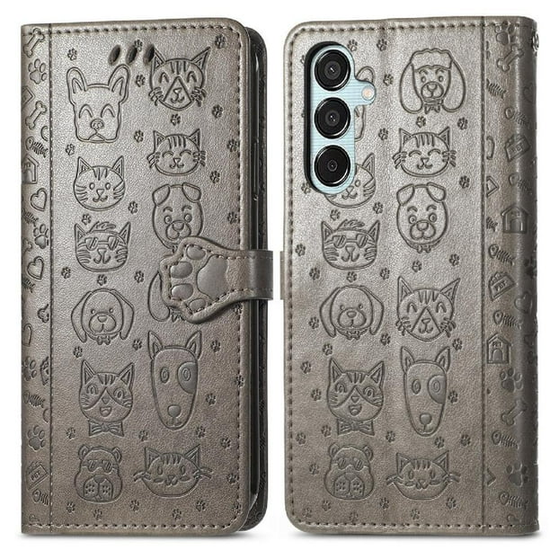Funda Cartera FOXDOCK para Samsung Galaxy M15 , Flip PU con Relieve de Gatos y Perros, Tarjetero y Soporte