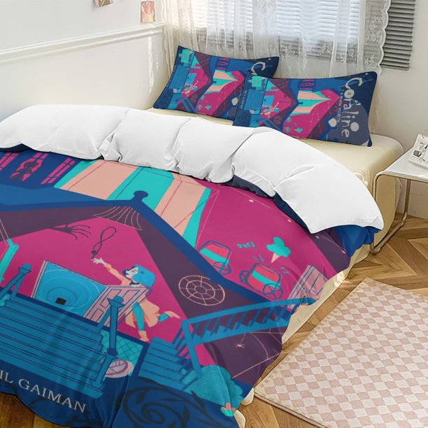 Blue Pink Coraline Comforter Set Soft 3 Pcs Twin Bedding Sets Thicken for All Season
