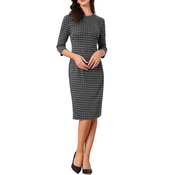 INSPIRE CHIC Vestido de pata de gallo para mujer, atuendo de maestra para el regreso a clases, vestido elegante ajustado en la cintura con mangas 3/4, M Gris oscuro
