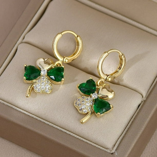 St Patrick's Day Green Gems Four Leaf Clover Drop Earrings 18K Gold Plated Good Luck Ornament For Women Girls Gift 1Pair