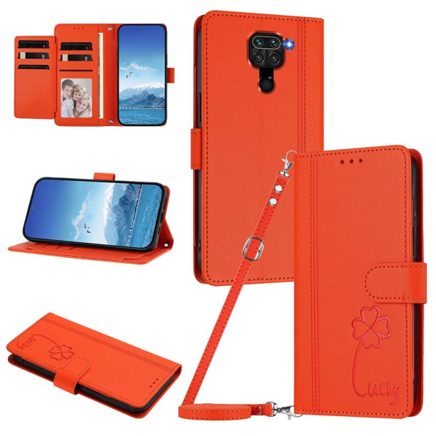 Funda Cartera Trébol para Xiaomi Redmi Note 9 4G con Ranuras Tarjetas y Carga Inalámbrica Naranja