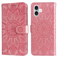 Funda Tipo Cartera Foxdock Para Iphone 16 , Diseño Girasol En Relieve, Cuero Pu, Cierre Magnético, Soporte Y Tarjetero