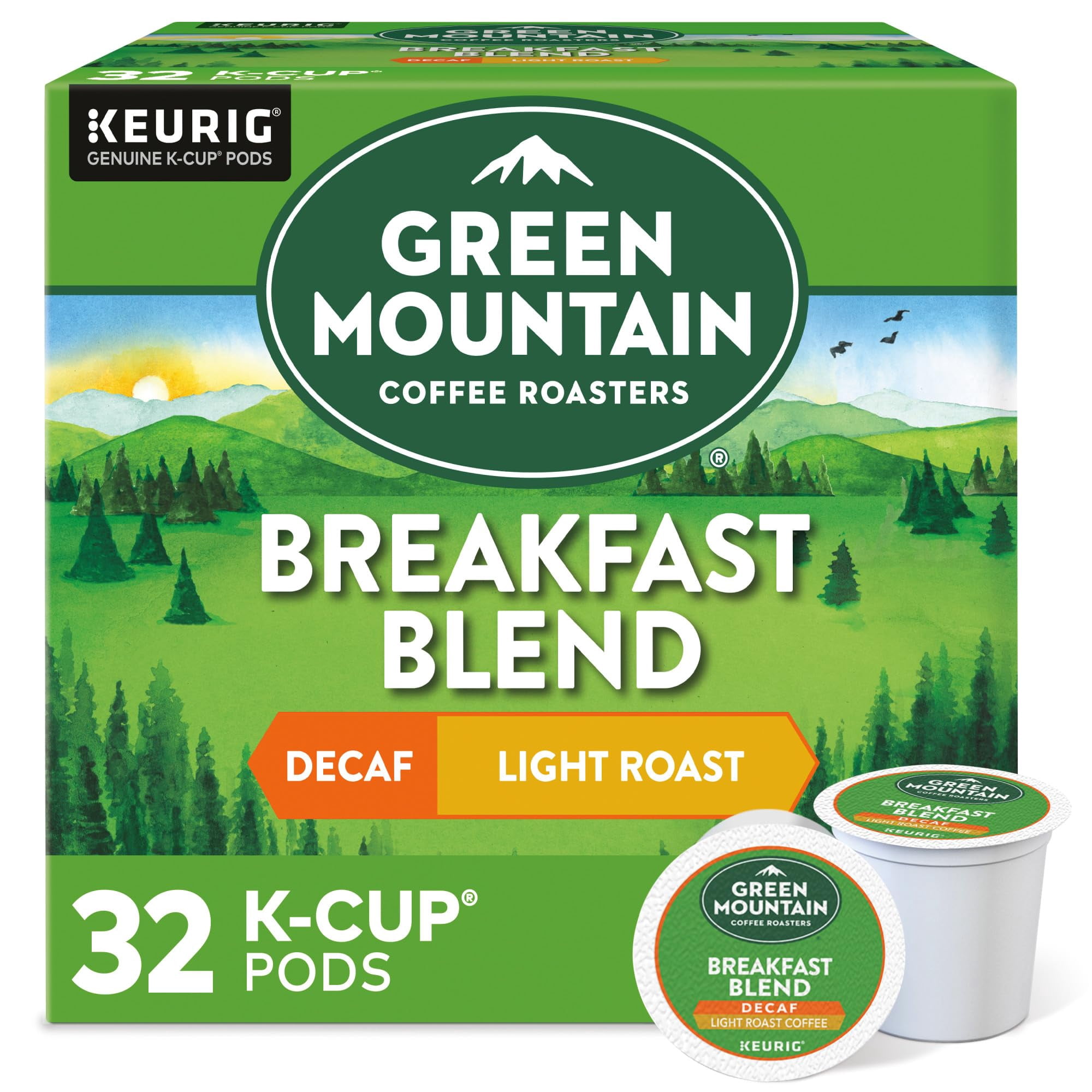Green Mountain Coffee Roasters - Mezcla De Desayuno Descafeinada Coffee Pods Green Mountain, 32 Tazas