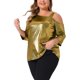 thumbnail image 4 of Agnes Orinda Disfraces de Halloween para Mujeres Tallas Grandes Escuela Universidad Tops Metálicos Brillo Destello Un Hombro Manga 3/4 Camiseta Blusa Brillante Fiesta 4X Oro, 4 of 6