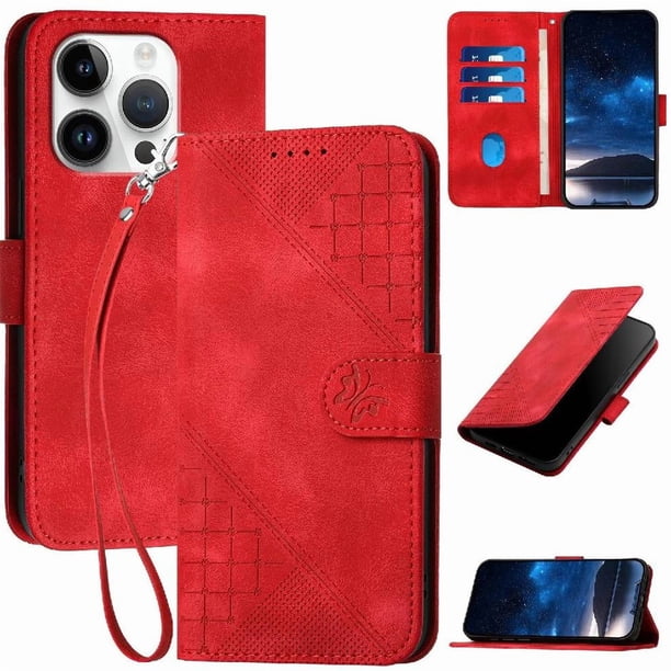 Funda Flip Premium Fibra de Carbono para iPhone 15 Pro con Soporte y Cierre Rojo