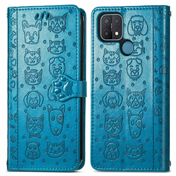 Funda Cartera FOXDOCK para OPPO A15 , Flip PU con Relieve de Gatos y Perros, Tarjetero y Soporte