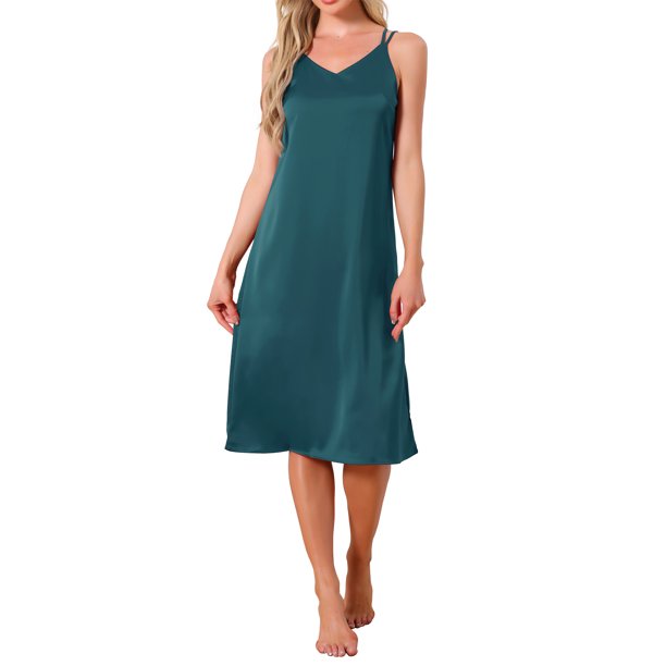 INSPIRE CHIC Vestido de dormir para mujer de satén sin mangas con doble tirante espagueti cruzado en la espalda, escote en V sexy, midi, para salón, talla S, azul