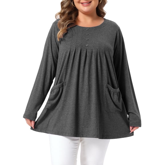 Agnes Orinda Blusa de Túnica para Mujer de Talla Grande para Escuela o Universidad, Cuello Redondo, Manga Larga, Plisada, Decoración de Botones Henley, con Bolsillos, 3X Gris Oscuro