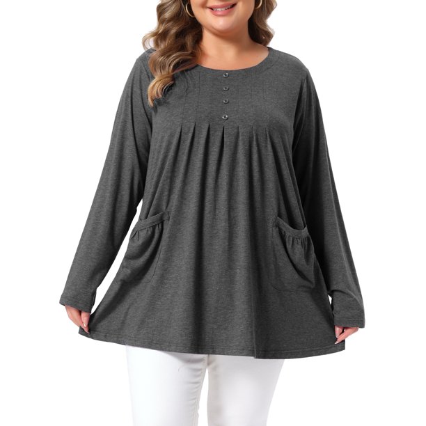 Agnes Orinda Blusa de Túnica para Mujer Talla Grande para Escuela o Universidad Cuello Redondo Manga Larga Plisada Henley con Botones Decorativos y Bolsillos 1X Gris Oscuro