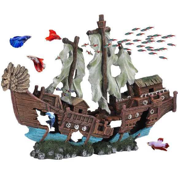 Decoración para acuario UNEAK Naufragio de barco pirata 48 cm, juego de 2 piezas de resina