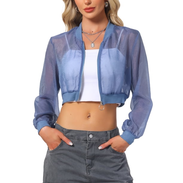 INSPIRE CHIC Chaqueta Bomber Crop para Mujer de Malla Transparente Ligera con Mangas Largas S Azul Gris