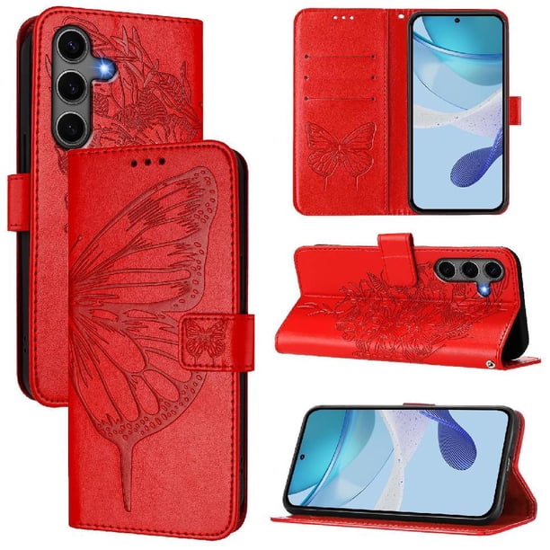 Funda cartera mariposa para Samsung Galaxy S25 Plus con soporte y ranuras para tarjetas Rojo