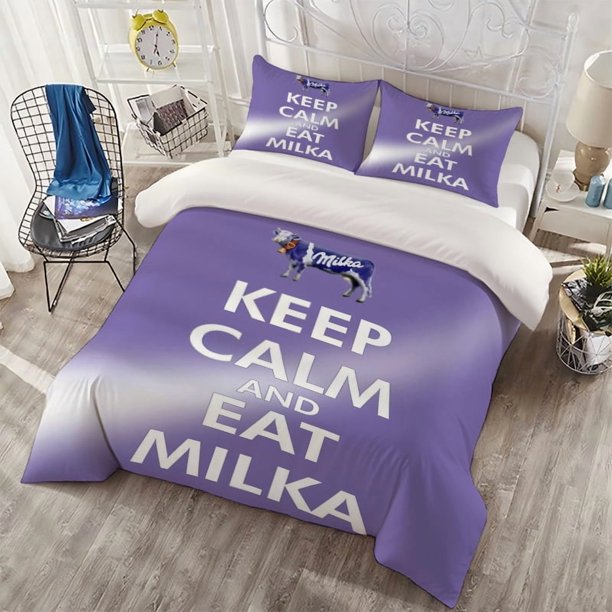 3pcs Keep Calm and Eat Milka Purple Poster Print Bedding Set Duvet Cover + Double Pillowcases