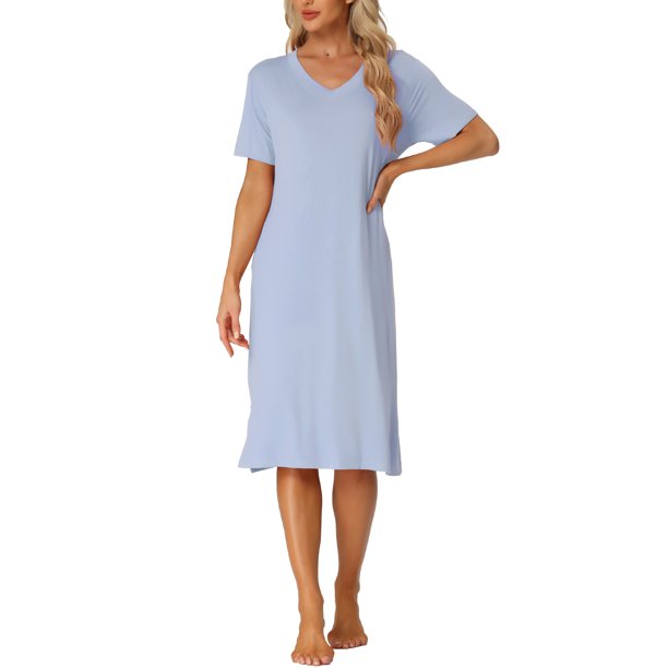 INSPIRE CHIC Camisón de Mujer de Rayón con Cuello en V, Suave y Sedoso, de Manga Corta, Camiseta de Dormir Midi con Bolsillos, Vestido Ligero para Estar en Casa L Púrpura