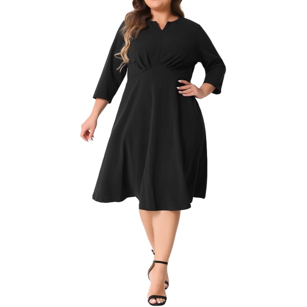Agnes Orinda Trajes de Halloween Vestido de Talla Grande para Mujer Invitada de Boda Trabajo Midi Escote en V con Muesca Vestidos de Línea A de Manga 3/4 4X Negro
