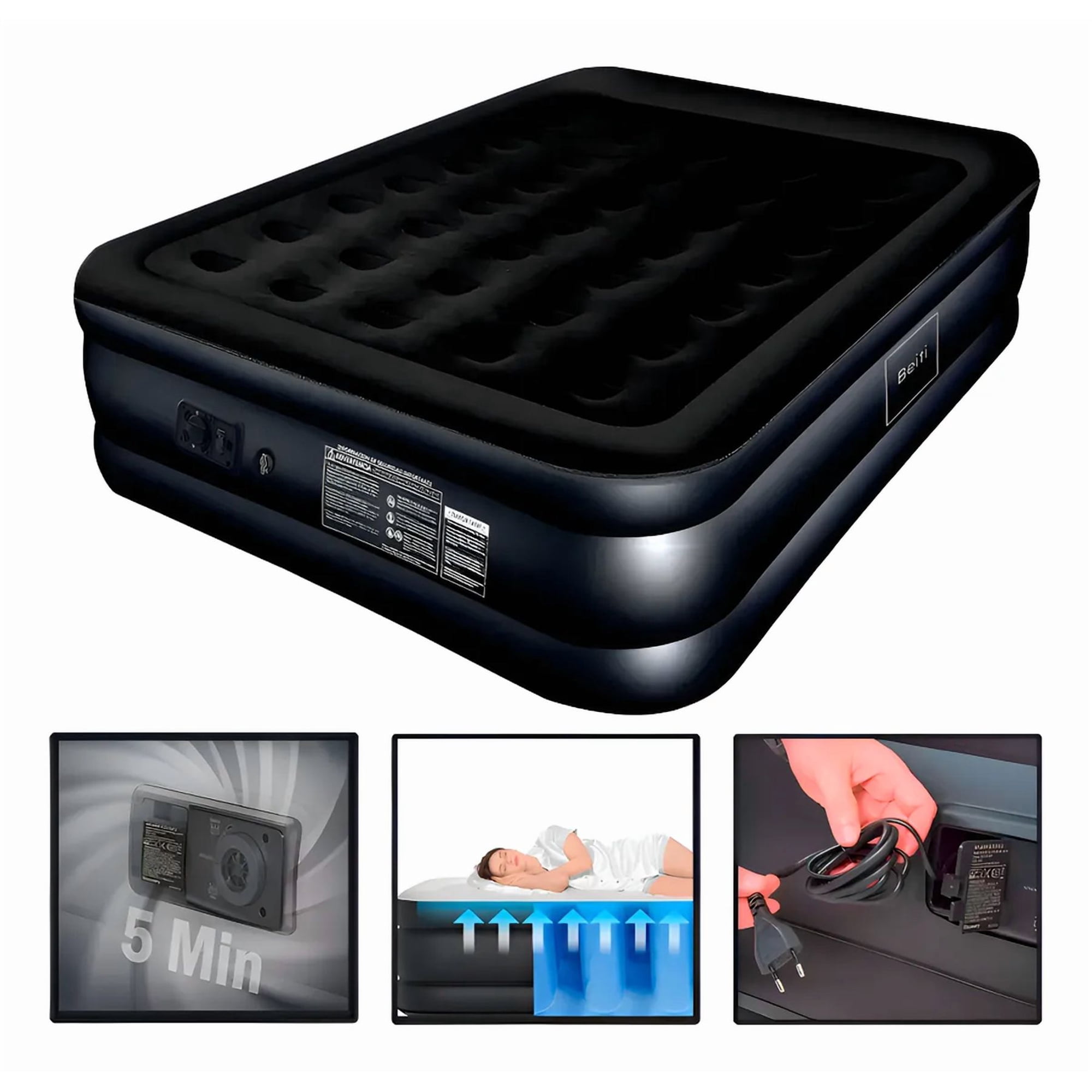 Genérico - Colchón Inflable Eléctrico Cama 2 Plazas 203x152x45 Cm Marca Beiti Modelo 203n Color Negro De Alta Calidad Soporta 200kg De Peso Incluye Bomba De Aire Parche Reparador Y Bolsa Transportadora