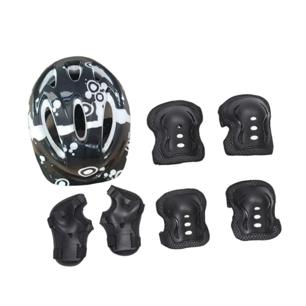 Kit de 7 cascos de bicicleta para niños, rodilleras, coderas y muñequeras, accesorios para sombrero, casco de patinaje para niños, monopatín para exte Negro