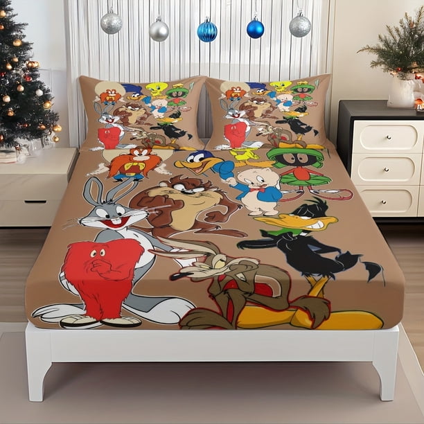 Classic Cartoon Character Collection Fitted Sheet Set Features a fun pattern with characters like the Road Runner and Daffy duck d