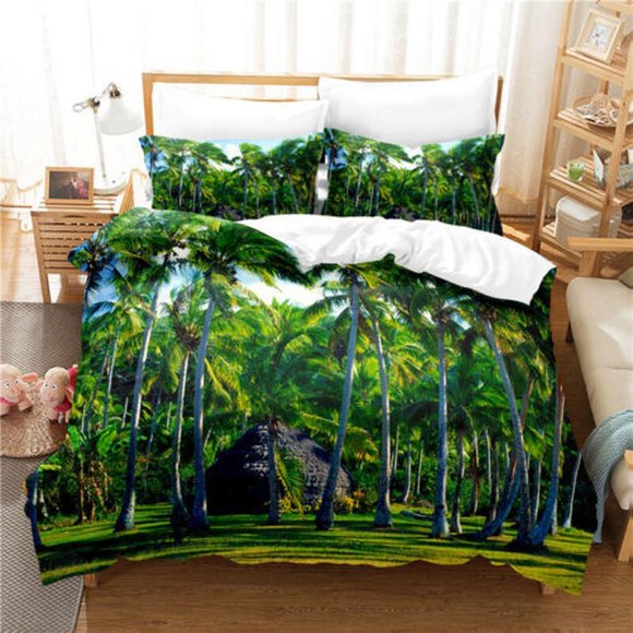 Tropical Jungle Coconut Tree Quilt Duvet Cover Set Bedclothes Double3-Piece Bedding Set
