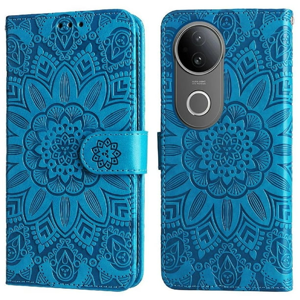 Funda tipo cartera FOXDOCK para Vivo S20 , diseño girasol en relieve, cuero PU, cierre magnético, soporte y tarjetero