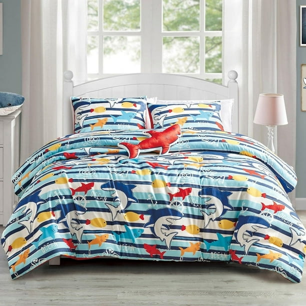 Tiburones Azules Peces Vida Marina Niños Juego de Cama Bordado Suave