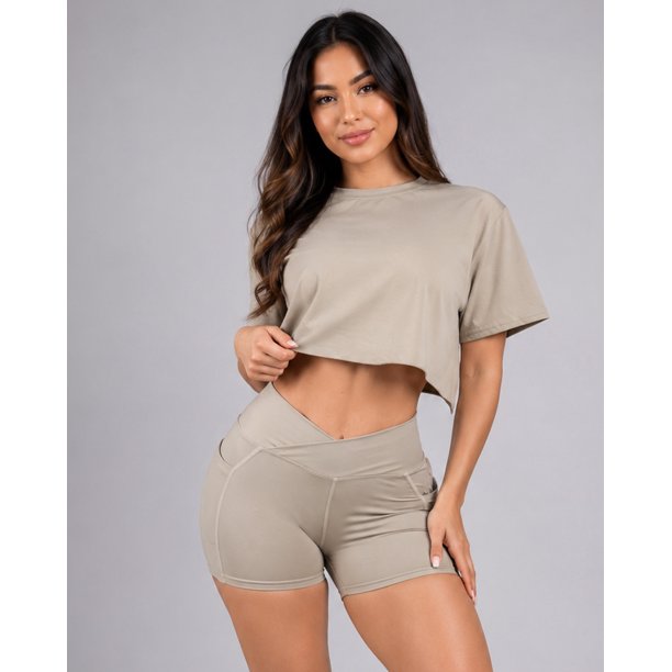 Conjunto Deportivo Mujer Short Pretina Cruzada Y Polera Crop