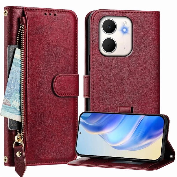 FOXDOCK Funda Tipo Cartera para Tecno Pop 10 Cuero PU con Cremallera y Correa de Muñeca, Ranuras para Tarjetas, Soporte Plegable, Cierre Magnético