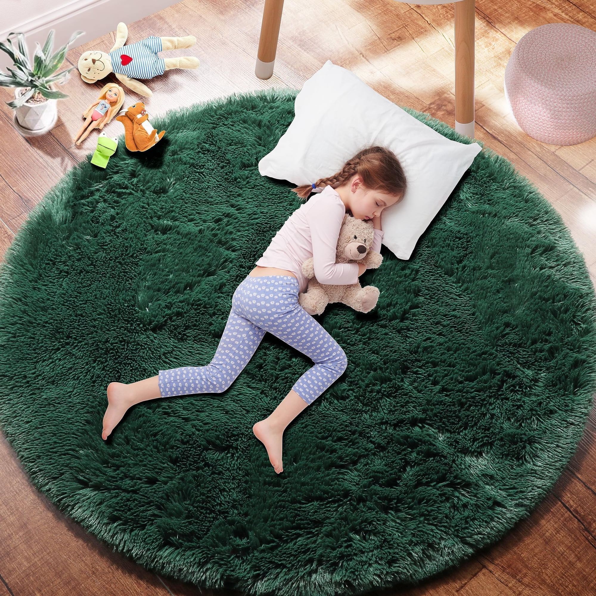 Alfombra Pagisofe Redonda De 120 Cm, Verde Oscuro, Para Dormitorio De Niños