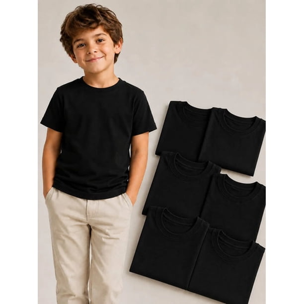 Pack 6 Poleras De Niños Cuello 100% Algodon Cuello Redondo Negro 4 Lisa