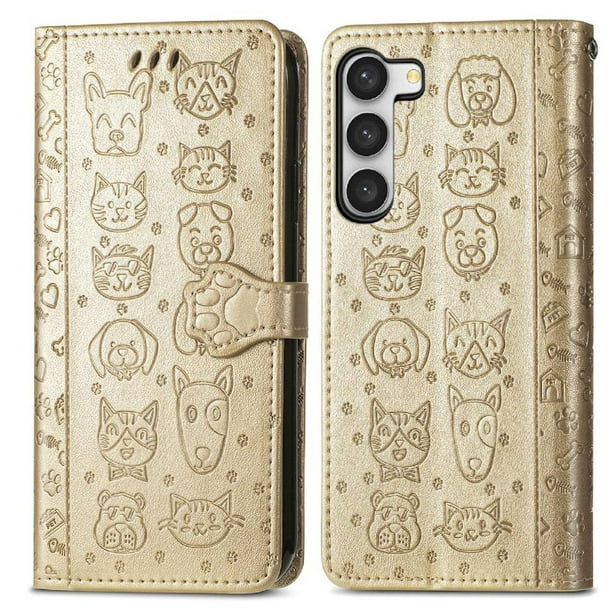 Funda Cartera FOXDOCK para Samsung Galaxy S23 Plus , Flip PU con Relieve de Gatos y Perros, Tarjetero y Soporte