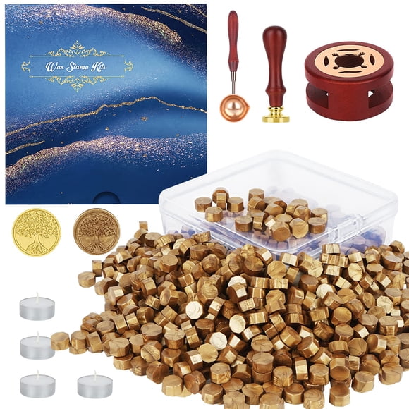 Kit de sello de cera Yagugu - Set de 357 piezas con perlas de cera, sello, calentador, cuchara y velas - Sobre vintage, cartas, manualidades, regalo (Oro antiguo)