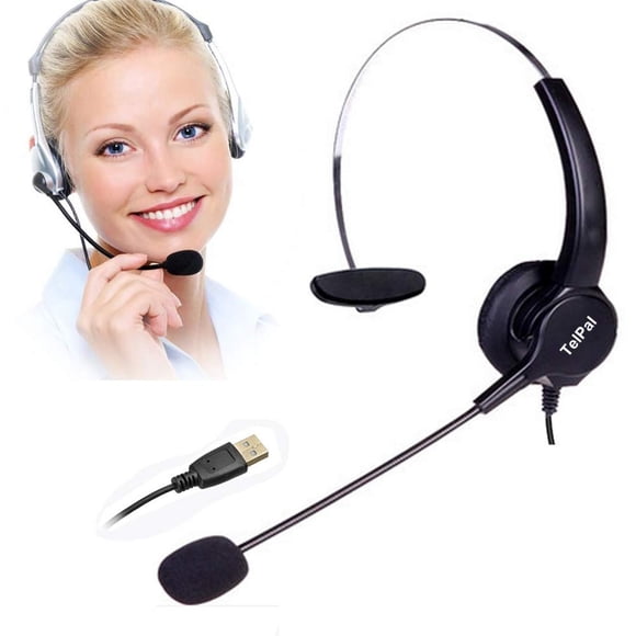 Auriculares TelPal monoaurales con cancelación de ruido con cable y adaptador USB