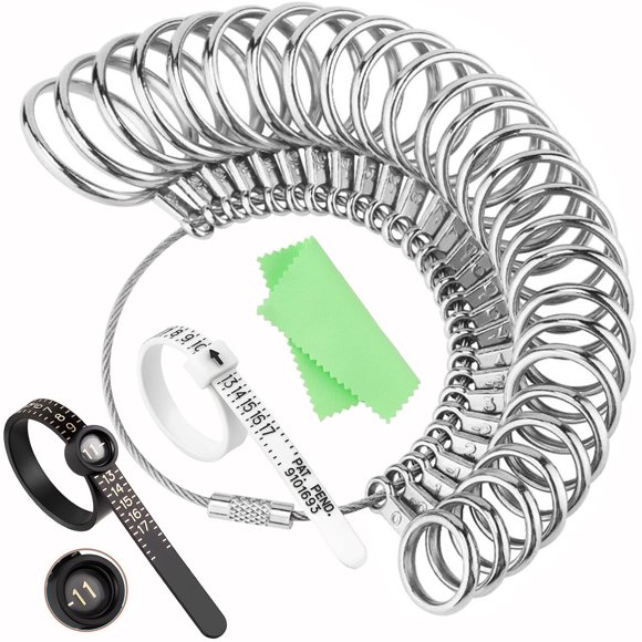 Kit medidor de tallas de anillos Ring Sizer, 27 calibres de acero y medidores ajustables para dos dedos