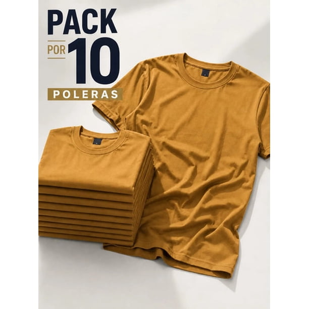 Pack 10 Poleras Basicas 100% Algodon Cuello Redondo 200g Camel Oscuro M Lisa
