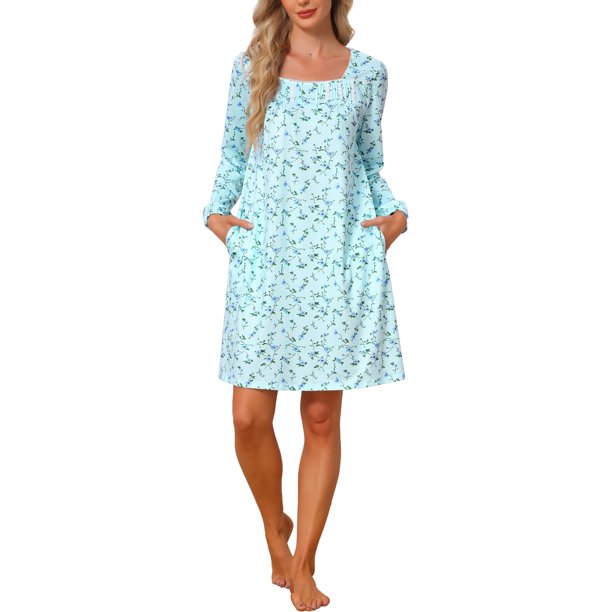 INSPIRE CHIC Mujer Camisón Floral de Manga Larga con Cremallera Frontal M Azul Floral