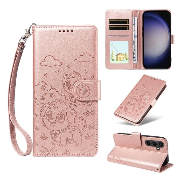 Funda Cartera para Samsung Galaxy S23 FE Perro Cachorro Grabado con Tarjetas Soporte Correa Rosa