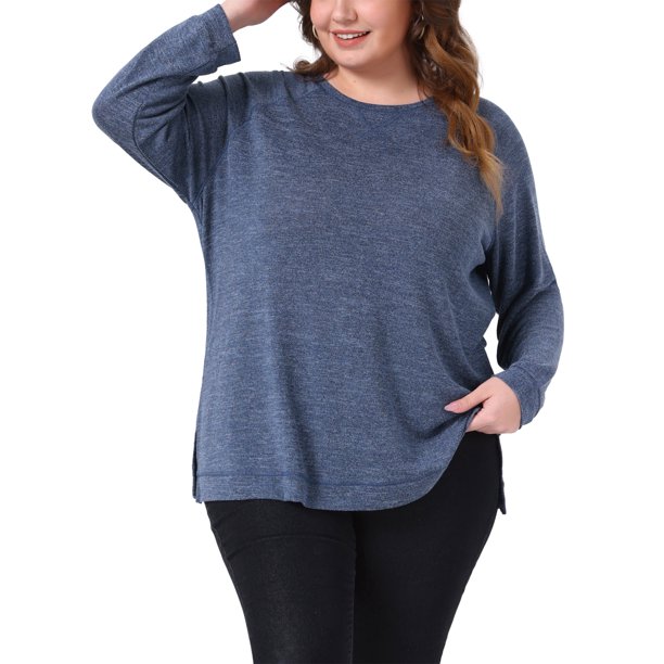 Agnes Orinda Sudaderas para Mujer Tallas Grandes Otoño Abertura Lateral Manga Larga Cuello Redondo Casual Jersey Blusa de Punto Talla 3X Azul Oscuro