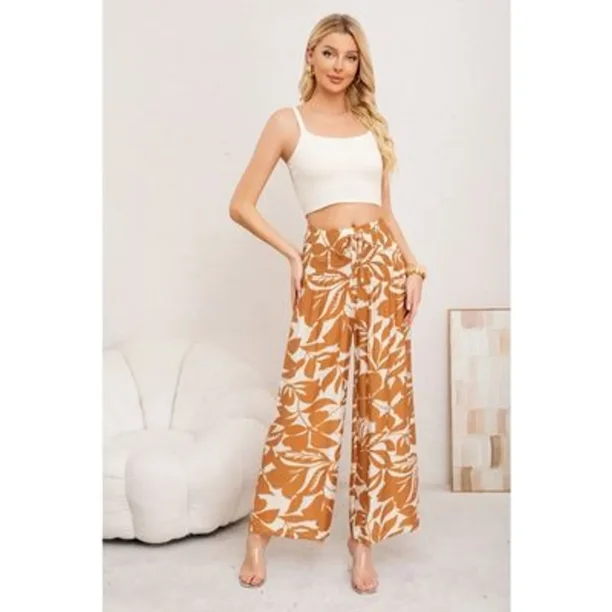 Pantalon Mujer Palazzo Floreado Tipo Lino Pretina Alta Elasticado 3008