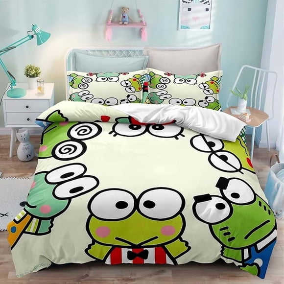 Bed- Duvet C-over A-nime -Cartoon Ker-oppi Kaw-aii Bedd-ing S-ets 3D Light-weig-ht 3 Pie-ce Comfort-er Sets