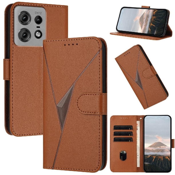 Funda Cartera Fibra de Carbono para Motorola Edge 50 Pro con Soporte y Cierre Magnético Marrón