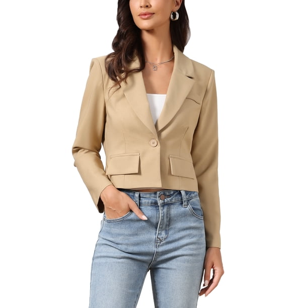 INSPIRE CHIC Blazer Recortado para Mujer con Cuello de Solapa para Oficina de Trabajo Chaqueta de Traje de Manga Larga Blazers de Negocios M Caqui