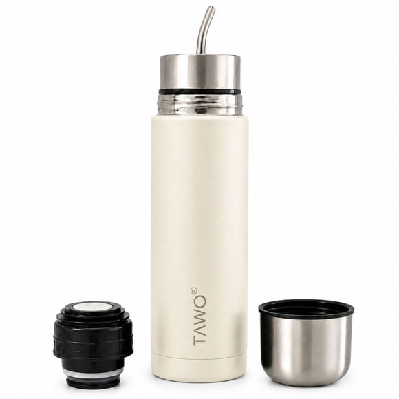 Termo Mate Acero Inoxidable Autocebante 2 en 1 Tawo 750 Ml Hermetico Antiderrame - Blanco