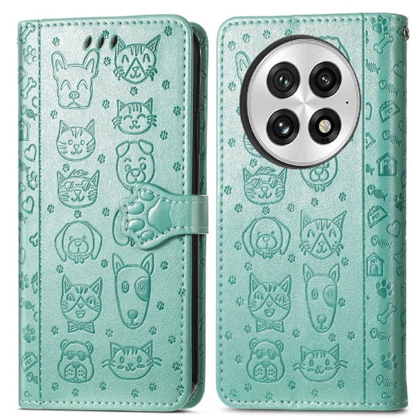 Funda Cartera FOXDOCK para OnePlus 13 , Flip PU con Relieve de Gatos y Perros, Tarjetero y Soporte