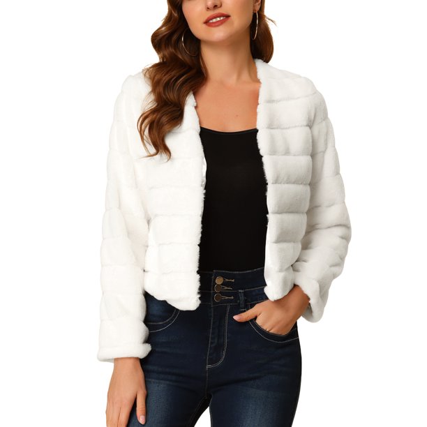 INSPIRE CHIC Chaqueta de Mujer de Piel Sintética de Manga Larga Recortada Abrigo de Invierno Esponjoso - Elegante y Cómodo L Blanco