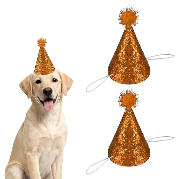 Sombrero de Cumpleaños para Perros Uxcell, Sombreros Pequeños para Perros Gatos Sombrero de Fiesta de Cumpleaños con Pompones Decoración Ajustable (Oro Oscuro, 2 Piezas)