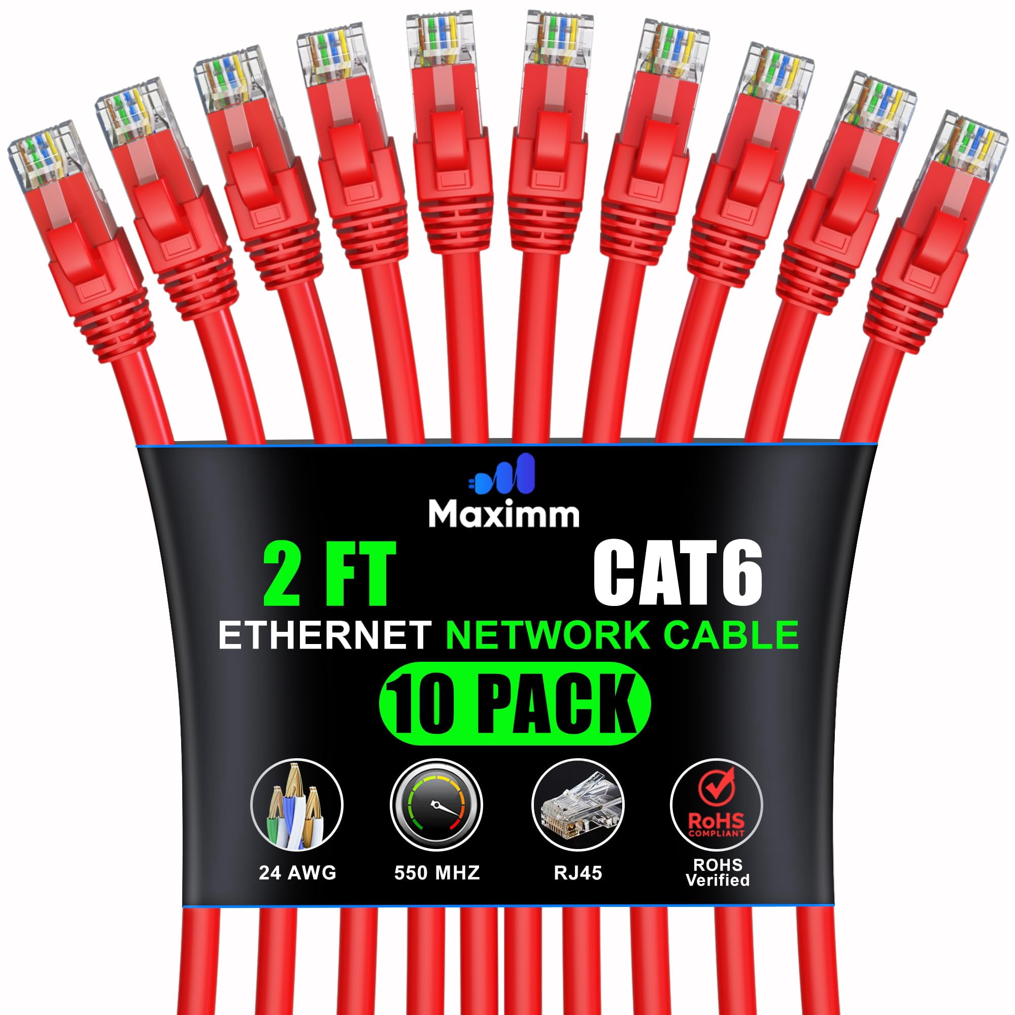 Cable Ethernet Maximm Cat6 0,6 M Paquete De 10 Rojo 10 Gbps