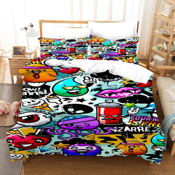 Cartoon Style Hip-Hop Graffiti Duvet Cover Pillowcase Bedding Set, Teenagers Bedroom Decor Bed Kit,Single_Queen Size Bed Sheets