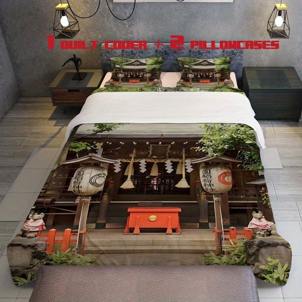 3pcs Japanese Shinto Shrine Traditional Architecture and Inari Symbol Theme Bedding Set Duvet Cover and Pillowcases