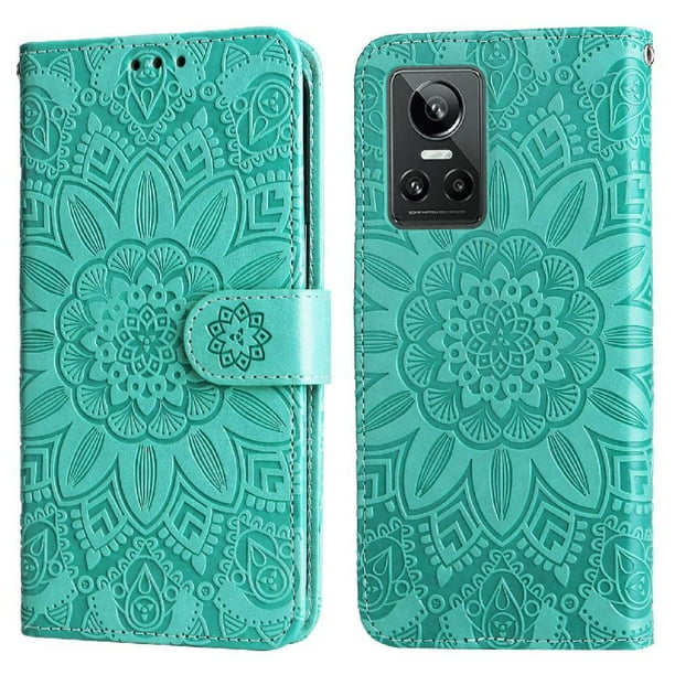 Funda tipo cartera FOXDOCK para Realme GT Neo 3 , diseño girasol en relieve, cuero PU, cierre magnético, soporte y tarjetero