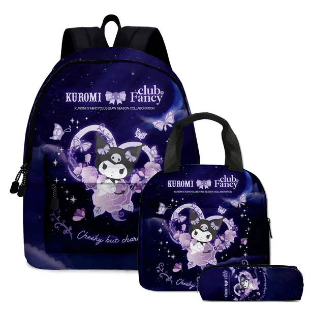 3PC-SET Printing Peripheral Sanrio Kuromi Backpack Student School Bag Pencil Case Bag Mochila Boys Girls Anime kawaii Cartoon